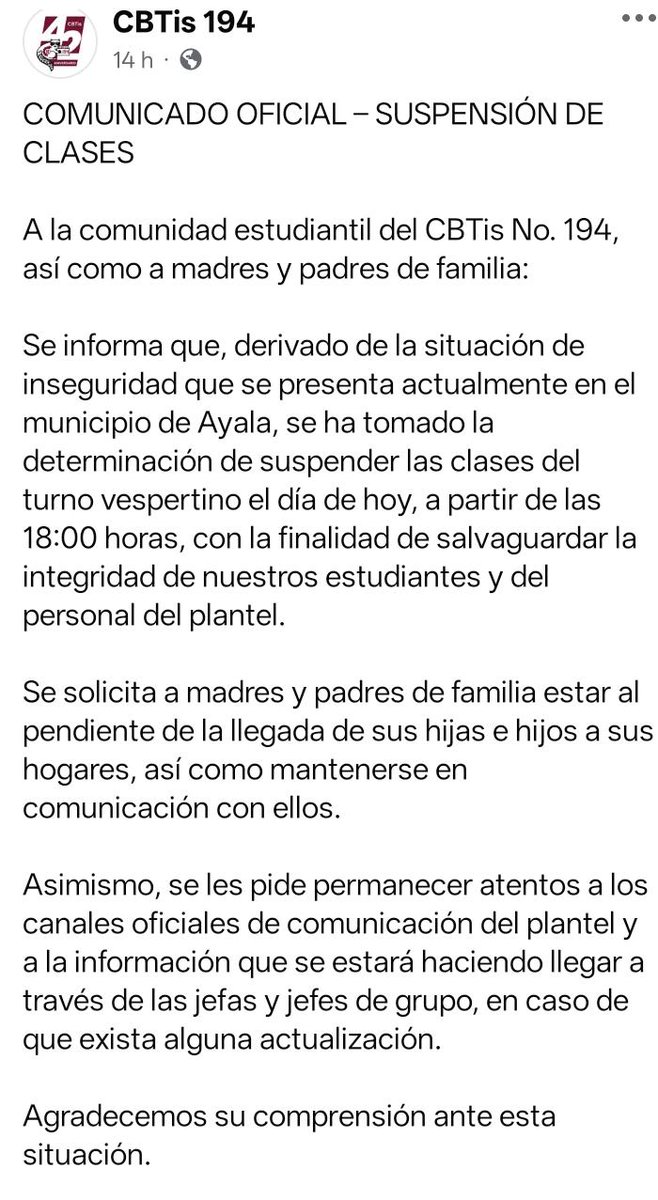 LaMultimedios's tweet image. 🔴 #Seguridad || A través de sus redes sociales el CBTis 194 informa a la comunidad estudiantil que, debido a la situación de inseguridad en el municipio de #Ayala, se suspenden las clases

Se solicita a madres y padres de familia estar atentos a la llegada de sus hijas e hijos y