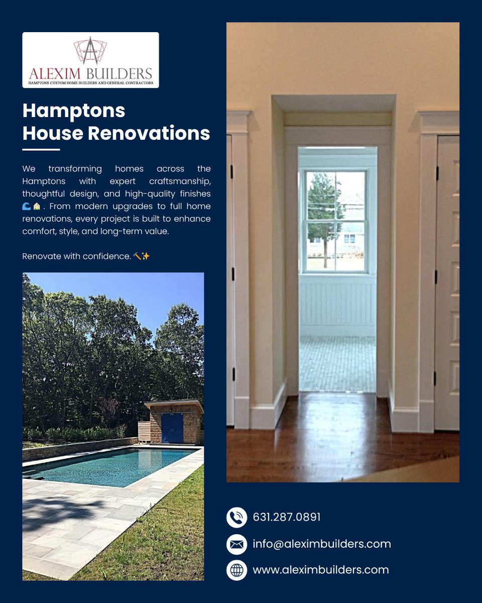 builders_alexim's tweet image. 🏡✨ Hamptons House Renovations

Transforming homes across the Hamptons with expert craftsmanship, thoughtful design, and high-quality finishes 🌊🏠

Renovate with confidence🔨✨

#HamptonsRenovation #HouseRenovation #HomeRemodeling #LuxuryRenovation #CustomHomes #CoastalLiving