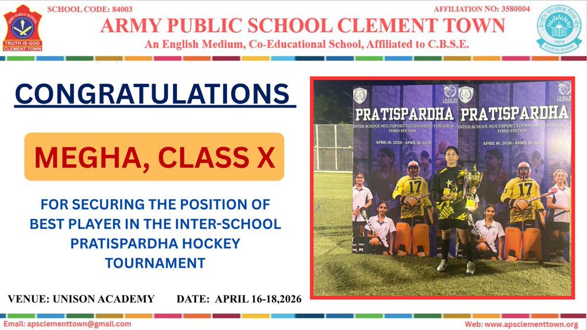 APSClementTown's tweet image. 🏑 A proud achievement as APS Clement Town clinched the Championship at the Inter-School Pratispardha #Hockey Tournament held from 16–18 April 2026 at Unison World School, Dehradun.
Megha (Grade X) won the Best Player title.
#winners #CBSE #AWES @eduminofindia