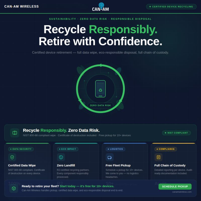 Earth Day is next Tuesday 🌿

Sustainability at Can-Am is built into how we operate, not just a message for the moment.

Our secure recycling program reduces e-waste while keeping all data fully protected.

#CanAmWireless #EarthWeek #Ewaste #SecureRecycling #GreenTech