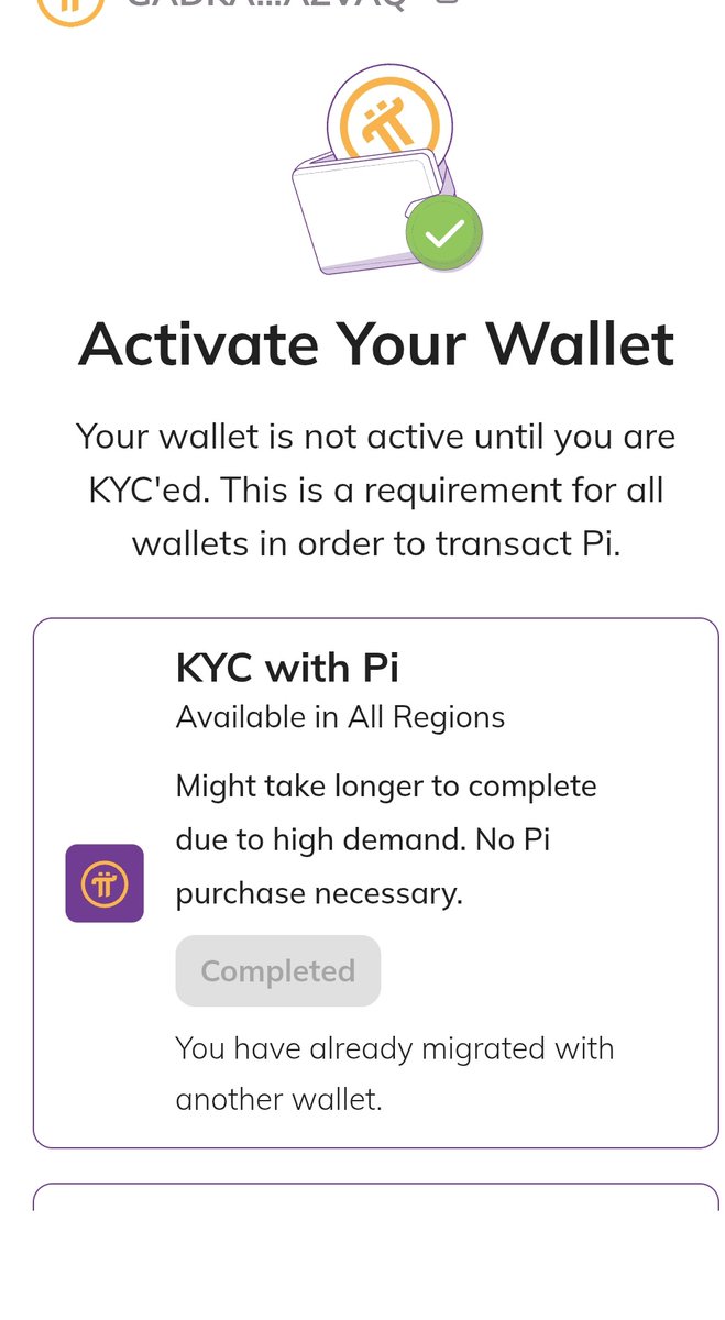 Azharggw's tweet photo. @smckapildev 
When I open my Pi wallet the wallet page show bellow:
Activate Your Wallet
Your wallet is not active until you are KYC'ed. This is a requirement for all wallets in order to transact Pi.

Have you any suggestions how to resolve issue. https://t.co/uDpr1nofXW