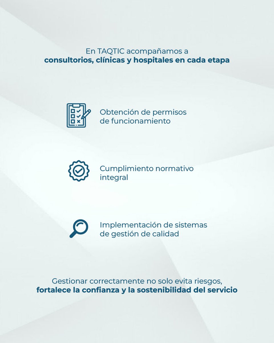 Taqtic2021's tweet image. En TAQTIC transformamos la normativa en claridad, estructura y dirección para tu institución de salud 🧠

✔️ Permisos en regla
✔️ Cumplimiento integral
✔️ Gestión de calidad implementada

#TAQTIC #CumplimientoNormativo #gestion