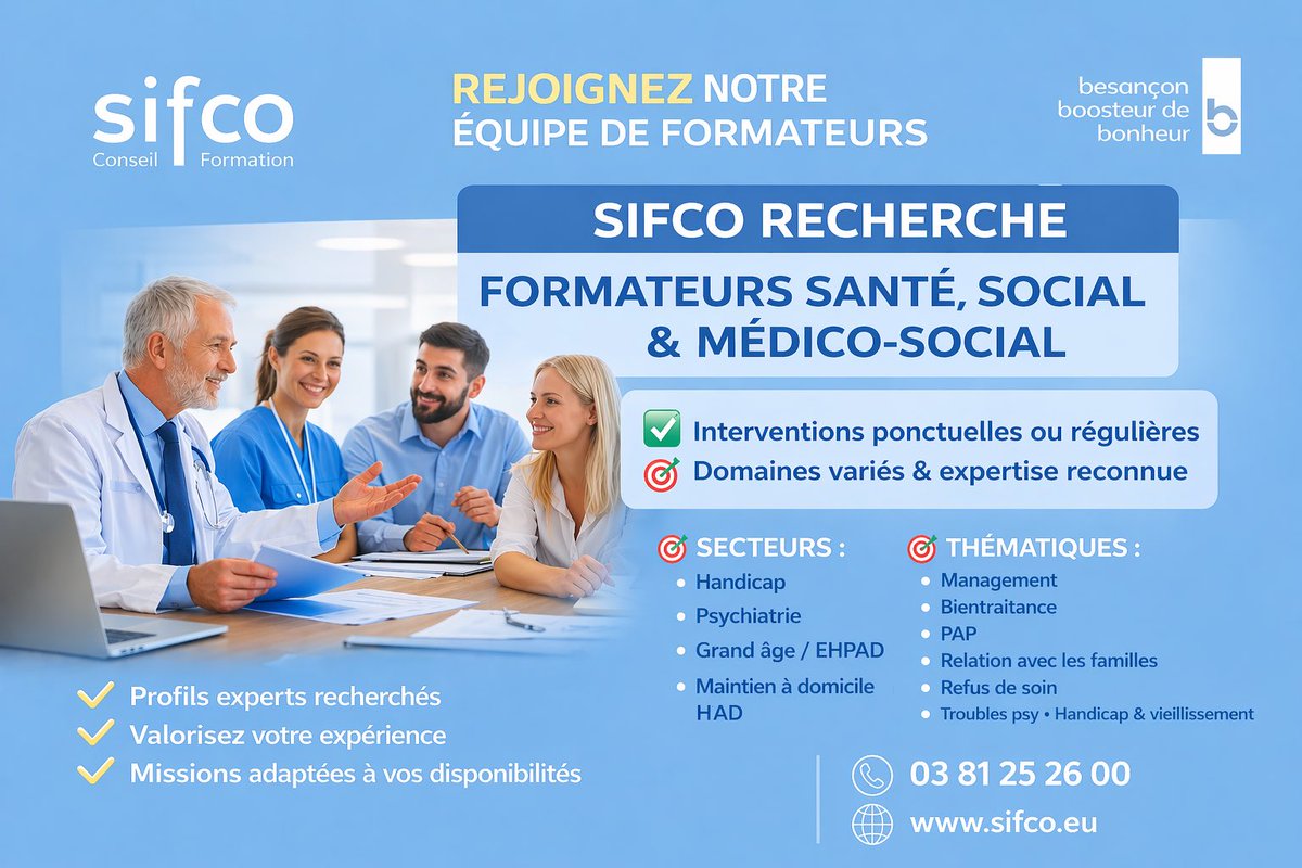 SifcoFormation's tweet image. 🚨 SIFCO Besançon recrute des formateurs expérimentés #sanitaire #social #medicosocial

👩‍⚕️ Profils : directeurs, cadres de santé, psychologues, experts santé mentale, HAD/EHPAD.

📍 Besançon  
📩 ebramorski@sifco.eu

#Recrutement #Formati