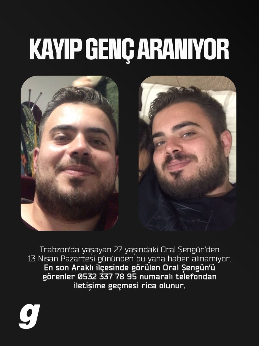 gazetegunebakis's tweet photo. Trabzon’da yaşayan 27 yaşındaki Oral Şengün’den 13 Nisan Pazartesi gününden bu yana haber alınamıyor.

En son Araklı ilçesinde görülen Oral Şengün’ü görenler 0532 337 78 95 numaralı telefondan iletişime geçmesi rica olunur.

Detaylar: https://t.co/TNCe0Zpyhq
