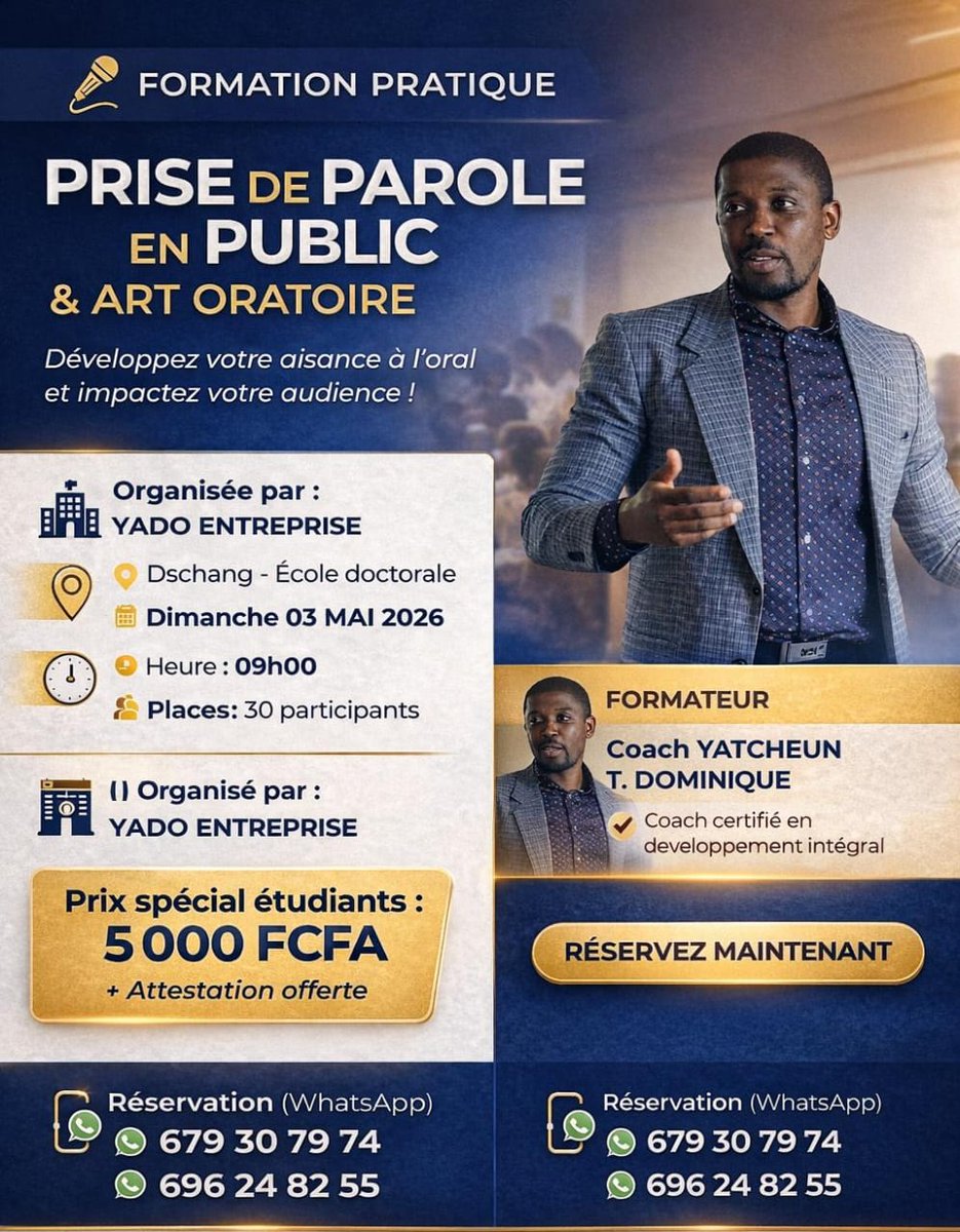 yatcheun's tweet photo. Ce dimanche 03 Mai 2026 à Dschang dès 09h00, nous allons vous donner des outils pratiques via la formation en PRISE DE PAROLE EN PUBLIC/ART ORATOIRE 
Rejoint nous via le lien

https://t.co/tQiCNv5r40 https://t.co/M3t65aurkm