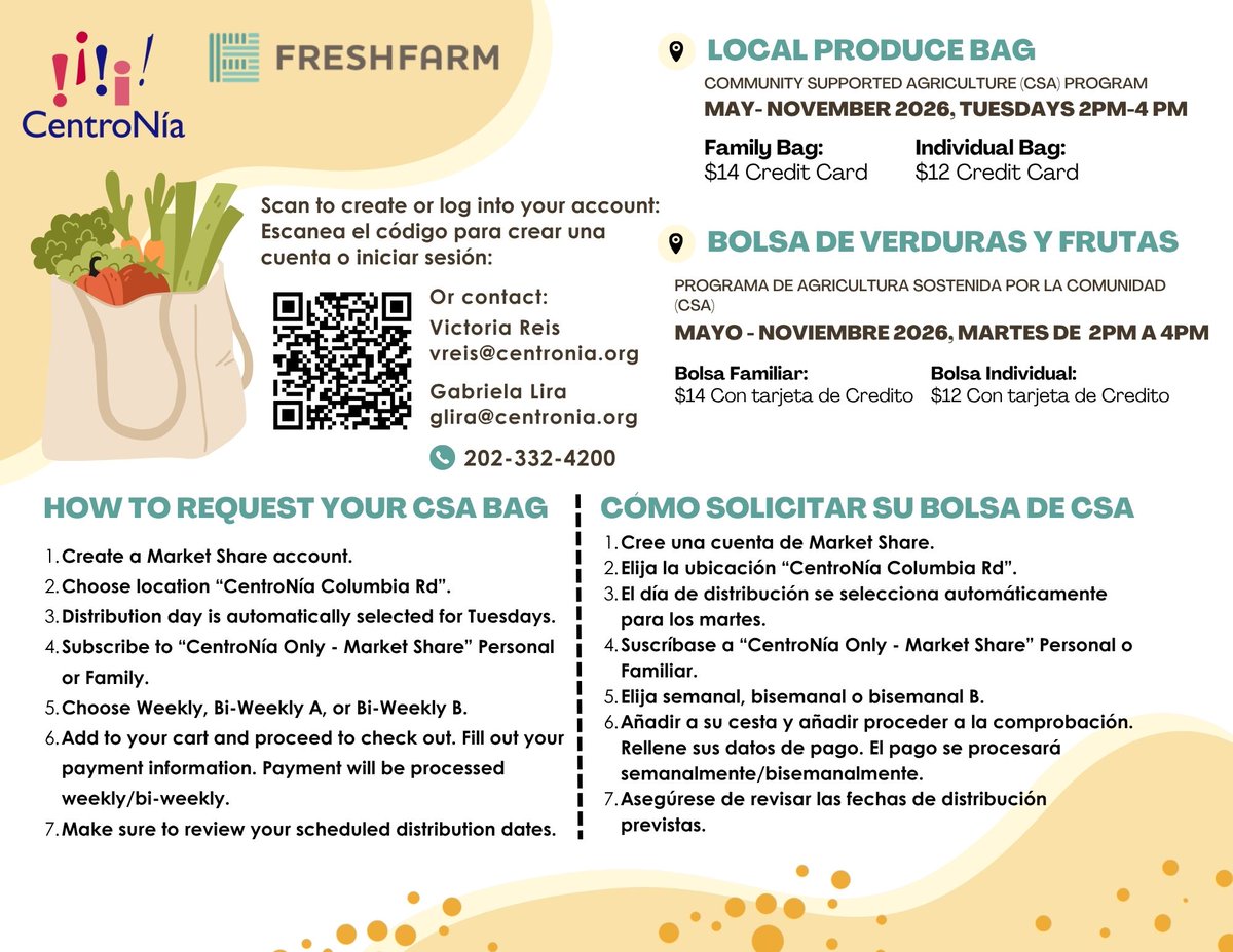 CentroNia's tweet photo. Parents and staff, interested in fresh veggies? In partnership with @FRESHFARMDC, we are offering #CSAbags once again! 🍅🥕🍓

Log into your marketshare account to subscribe once again or make an account. Read our flyer for more information! 🔗https://t.co/YtnMuv4ROf https://t.co/evU4TH8FZ6