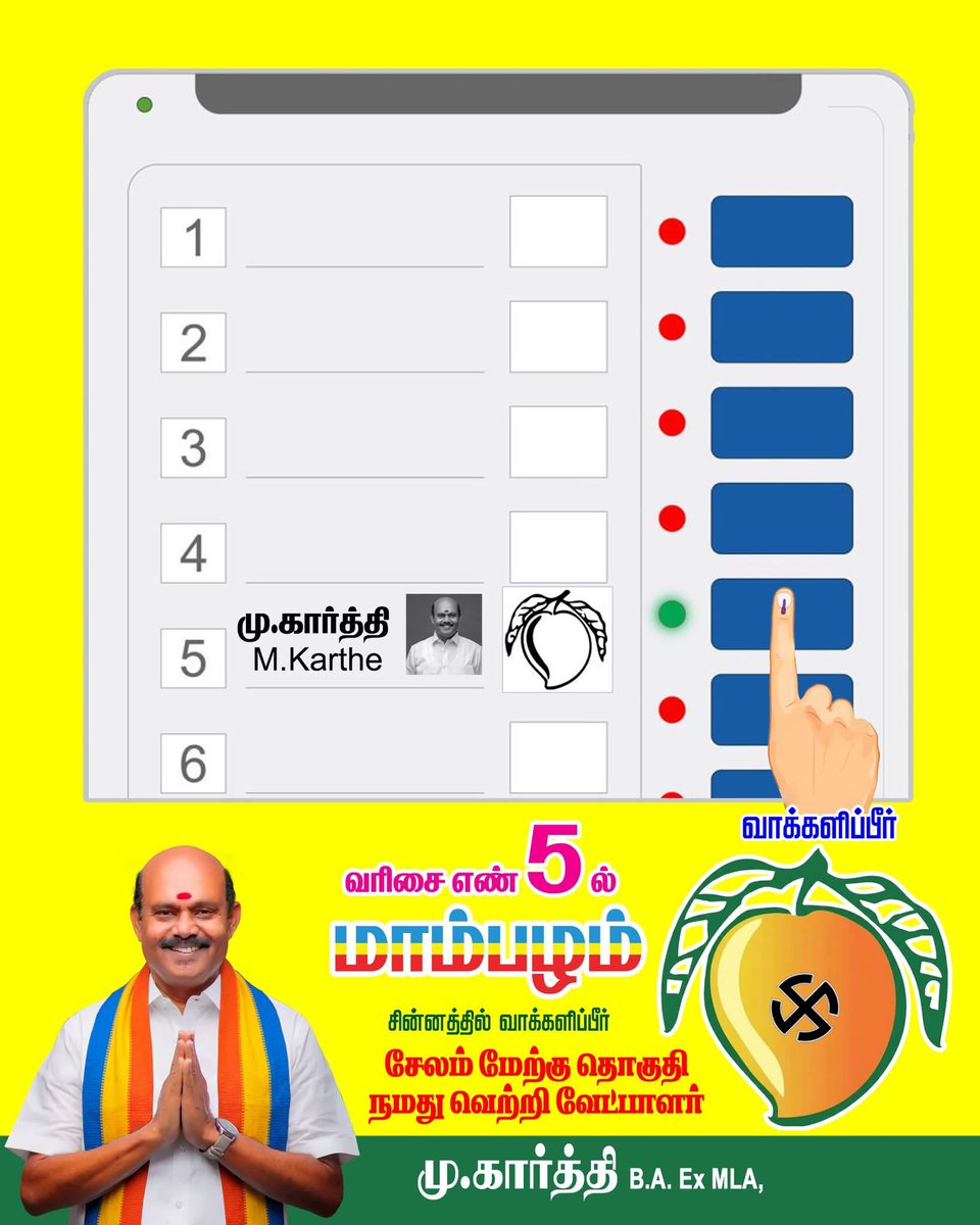 🥭சேலம் மேற்கு சட்டமன்ற தொகுதியில் 
ஐந்து ஆண்டுகள் நல்லாட்சி அமைய வேண்டும் என்றால் நமது வெற்றி வேட்பாளர் 
அண்ணன் #M_Karthe_salem  அவர்களுக்கு மாம்பழம் 🥭சின்னத்தில் 5️⃣.வாது பட்டனை அழுத்தி  வாக்களிக்கவும்...🙏