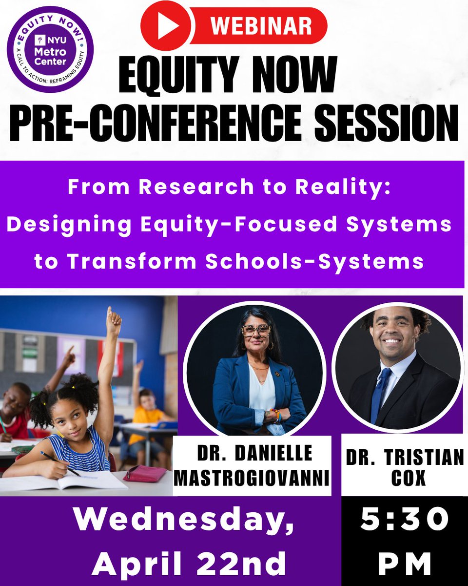 metronyu's tweet image. Join us tomorrow afternoon for @metronyu's 2026 Pre-Conference Session #2. Register for Wednesday’s impactful #webinar, “From #Research to Reality: Designing #Equity-Focused Systems to Transform Schools,” here: bit.ly/4tApAgs