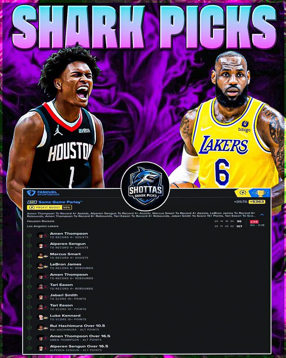Dc1arkShark's tweet photo. Can lightning ⚡️ strike twice? 🤔 👀 HOU/LAL SGP LOTTO💥 GAME 2 TONIGHT! ✅CASHED GAME 1 🦈🏆 +5363 👨🏾‍🍳🔥🧱
#Gambling𝕏 #Nbapicks #Humblelotto 

📊 @propsdotcash 

@LCapitanBets @bbrownDTP @ChrisGarcia2424 @cookitup31 @shu_b0x @GonzalezKat24k @kingcapsports_ https://t.co/ldlgrCbWsr