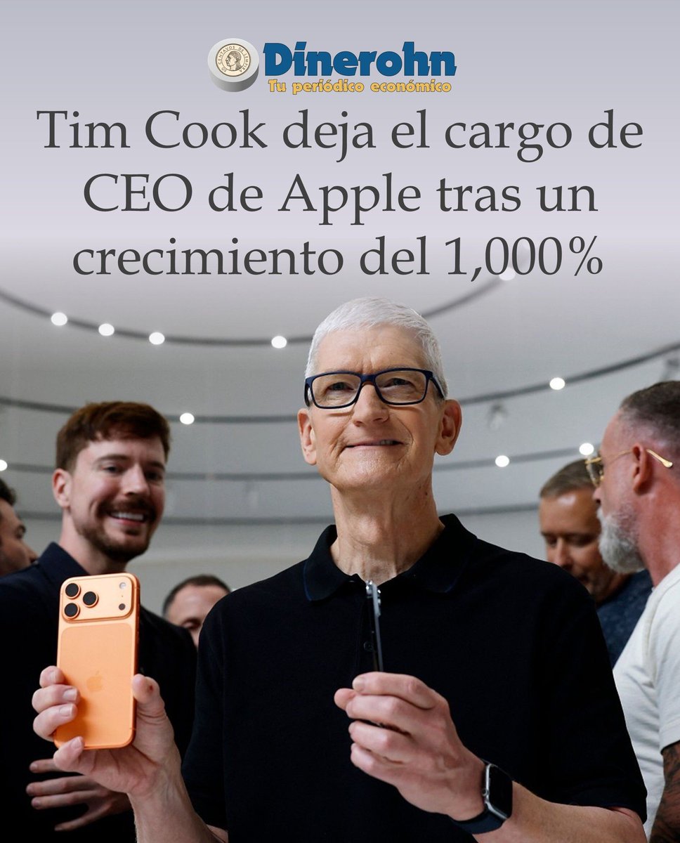 HnDinero's tweet image. 📌#TimCook #Apple #CEO l Las acciones de Apple cayeron más del 1% tras el cierre del mercado el lunes después de que la compañía anunciara que Tim Cook pasará a ser presidente ejecutivo y John Ternus se convertirá en el próximo director ejecutivo, con efecto a partir del