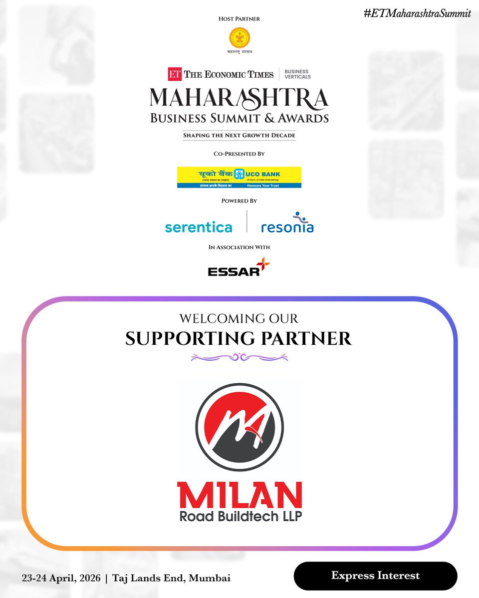 ET_Government's tweet image. We are pleased to welcome Milan Road Buildtech LLP as a Supporting Partner at the Maharashtra Business Summit &amp;amp; Awards 2026. 

23–24 April 2026 | Taj Lands End, Mumbai

Express interest: b2b.economictimes.indiatimes.com/maharashtra-bu…

#ETMaharashtraSummit #MaharashtraBusinessSummit #Infrastructure