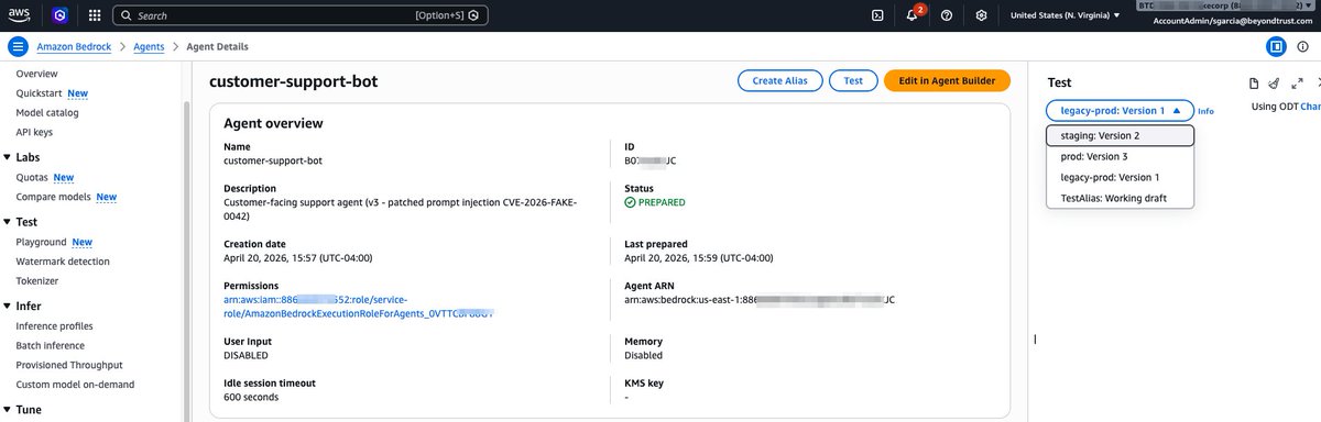 MrCloudSec's tweet photo. You patched the prompt injection in your AWS Bedrock Agent.

Except you didn't.

Old versions stay stored, waiting. Any alias still pointing to v1 invokes v1's prompt, tools, and bugs.

Every alias is its own attack surface. https://t.co/8ybVNw9QMb