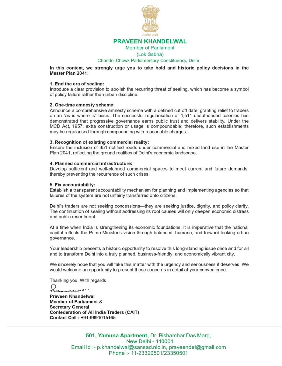 sumitagarwal_IN's tweet photo. Shri @PKhandelwal_MP, Hon’ble Lok Sabha MP and Secretary General @CAITIndia has written to the @MoHUA_India Shri @mlkhattar raising the long-pending sealing crisis affecting lakhs of traders in Delhi.

Aligned with Hon’ble PM Shri @narendramodi’s vision of Ease of Doing Business, the letter calls for bold, practical reforms in Master Plan 2041, ending uncertainty, ensuring fairness, and restoring confidence among the trading community.

This is not just a policy issue, but a matter of justice and dignity for India’s economic backbone. 🇮🇳

@AmitShah @LtGovDelhi @gupta_rekha @CMODelhi
