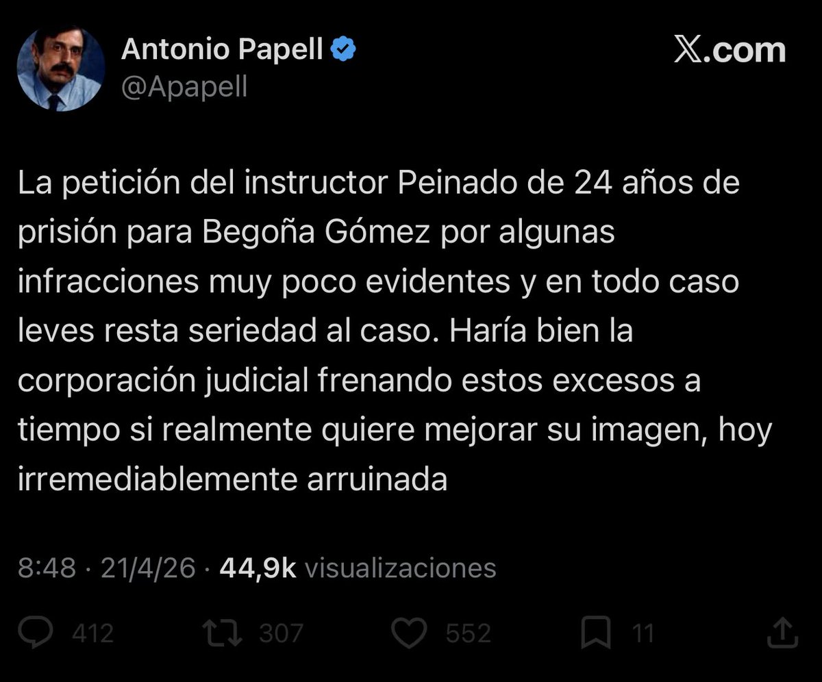 Cuando lees «petición del instructor (...) de años de prisión» y «corporación judicial» sabes que estás leyendo una burrada como un piano de cola. 

Y que el que escribe esta burrada hable de mejorar la imagen ya es apoteósico.

(Pongo captura porque <a href="/Apapell/">Antonio Papell</a> me bloqueó).