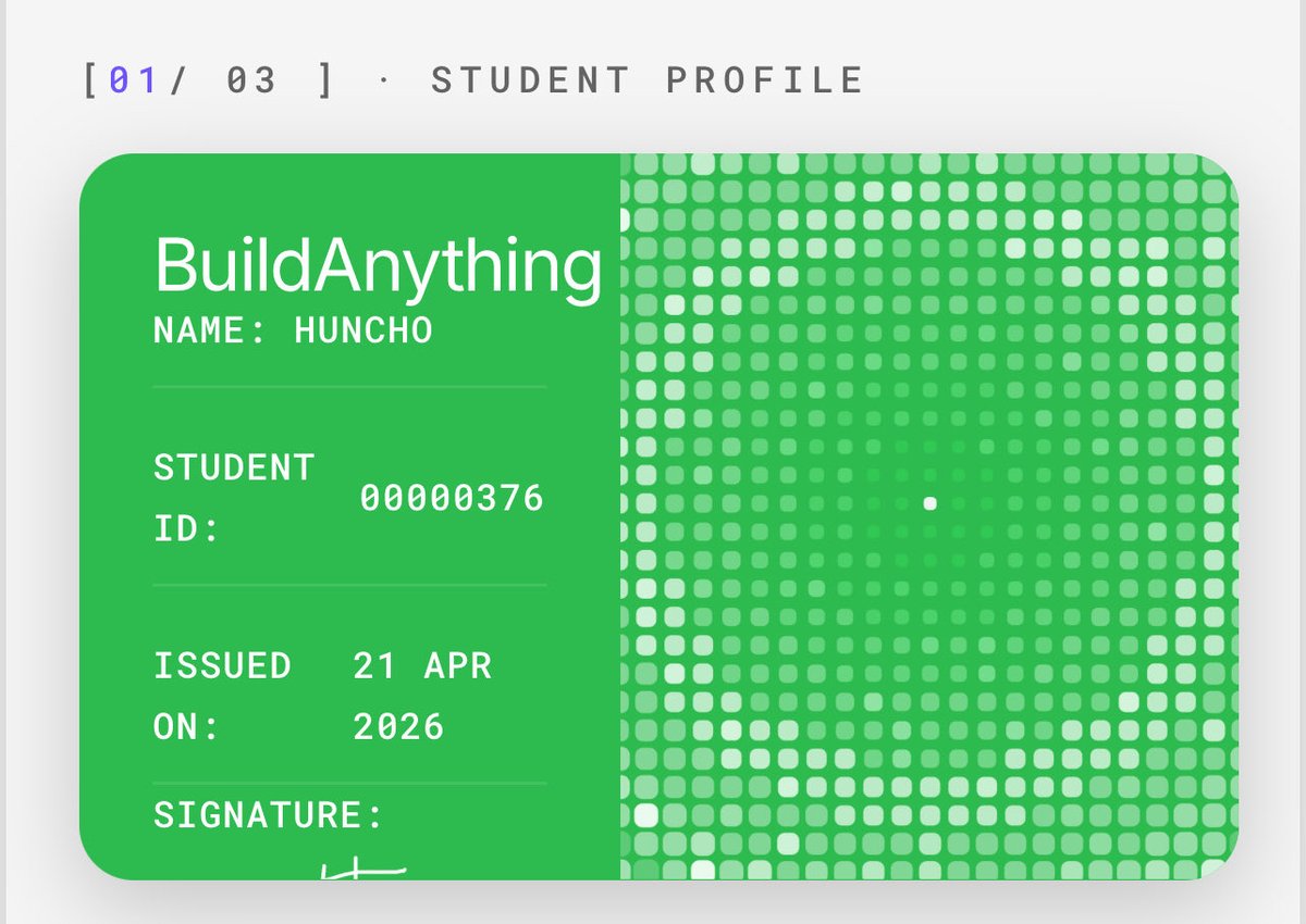 Officially a student @ <a href="/buildanythingso/">Build Anything</a> 
Grateful for the opportunity 
Lfg