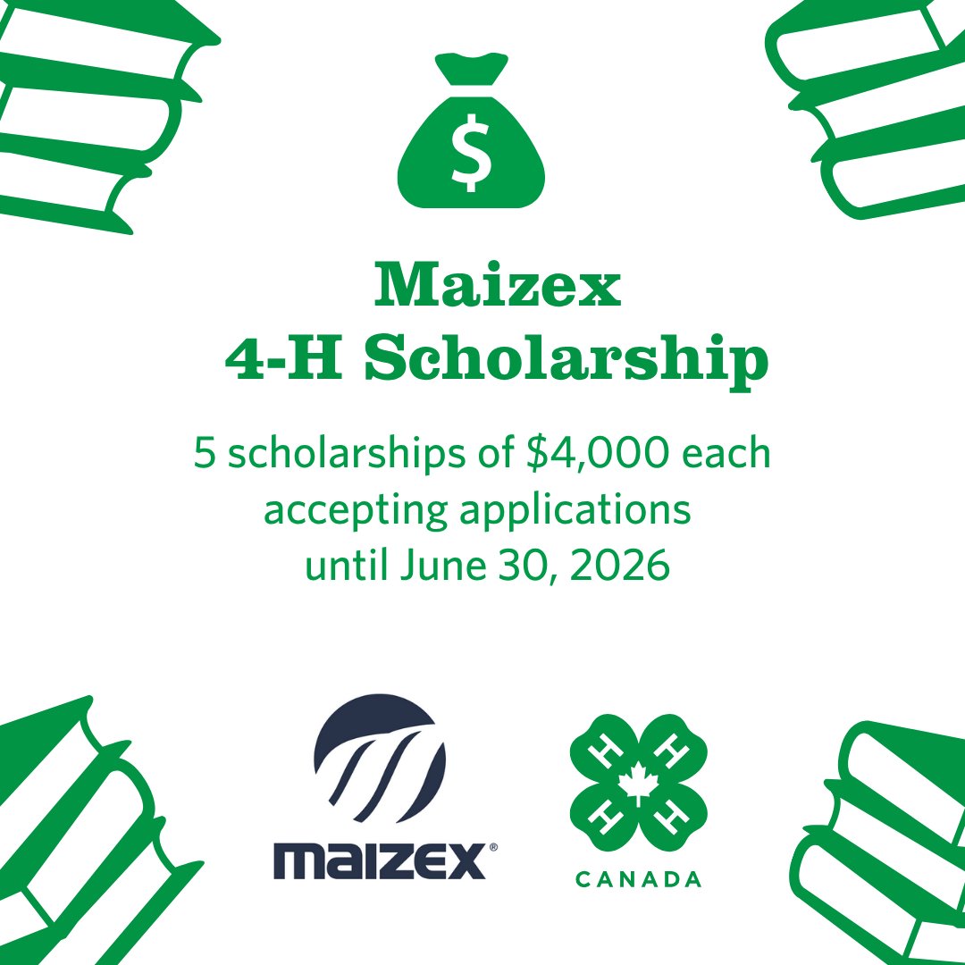 4HCanada's tweet photo. Maizex 4-H Canada Scholarship!

Growing the future of crop science 🌱
 
In partnership with Maizex Seeds, five $4,000 scholarships support senior 4-H members pursuing post-secondary studies in field crop production or crop science. 

Apply at: https://t.co/IzSMwASCu8 https://t.co/QETsVHtQ5F