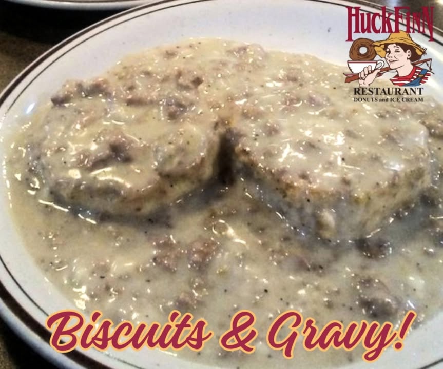 HFRestaurant's tweet image. Our Biscuits &amp;amp; Gravy are a great way to start! 
Perfect with any of our outstanding breakfast choices. 

Huck  Finn Restaurants serves breakfast, lunch &amp;amp; and dinner, as well as our famous donuts, ice cream, and delectable desserts.

#breakfast #HuckFinnRestaurant #donuts