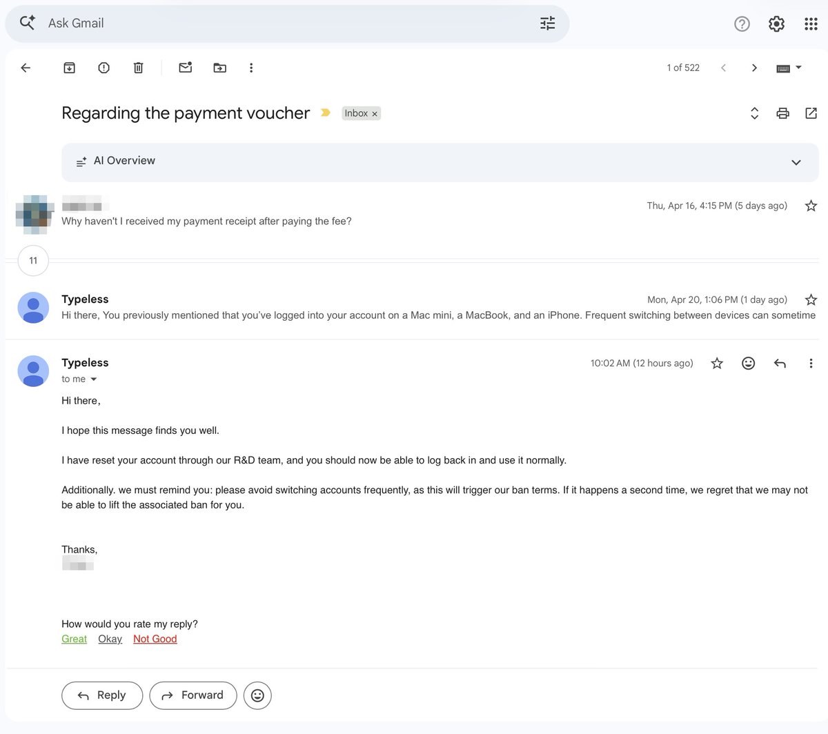 Aperospec's tweet photo. @typelessdotcom Disappointed by #Typeless support. I’ve repeatedly clarified: I have ONE account. I just reinstall macOS for testing. Instead of fixing logic flaws, support issues robotic warnings. 7 days of downtime for a paid service is unacceptable. Stop the scripts, fix the bug. https://t.co/1vrc97MPrc