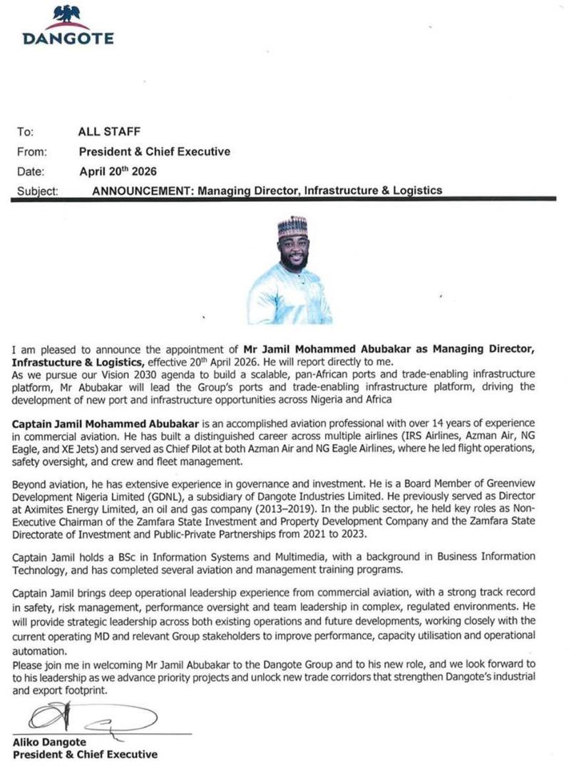 Praise be to Allah Congratulations <a href="/CaptJamyl/">SkyDanfoDriver 🛫 (Capt. Jamil)</a> on your appointment as Managing Director, Infrastructure &amp; Logistics at the Dangote Group. From aviation to leading a major pan-African logistics vision, this is a remarkable achievement. May Allah bless you with wisdom, good health,