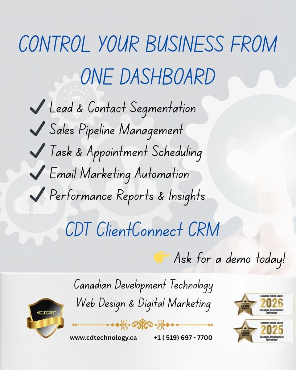 CDT_Web_Design's tweet image. Operational clarity drives business growth.

CDT ClientConnect CRM provides a centralized platform to manage the full customer lifecycle.
If your business is scaling, your CRM should scale with it.

Request a live demo today.
🌐 cdtechnology.ca
 #CRM #CanadianBusiness