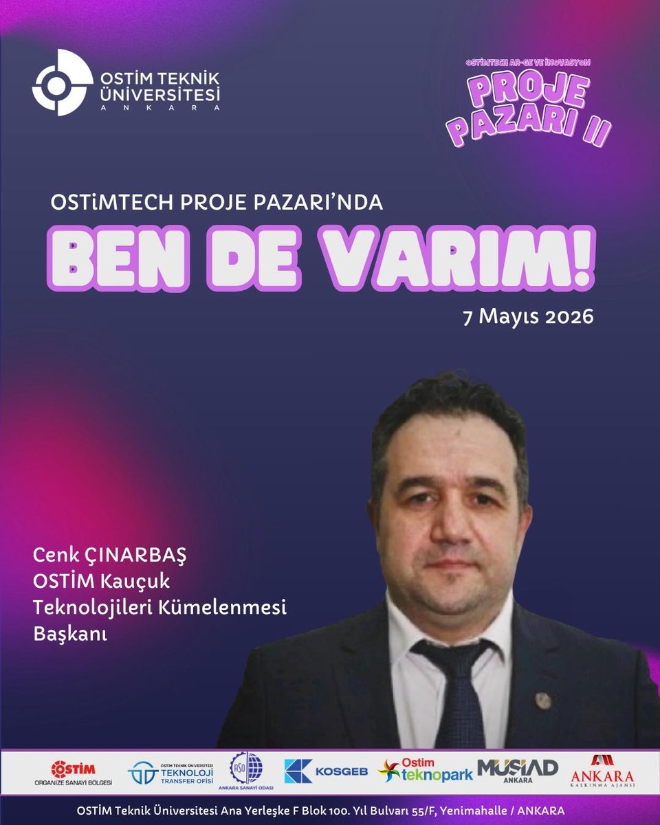 Geleceğin teknolojileri ve inovatif fikirler genç zihinlerde OSTIMTech ile şekilleniyor!
7 Mayıs 2026 tarihinde OSTİM Teknik Üni. tarafından düzenlenen Proje Pazarı II etkinliğinde, projeleri değerlendirmek üzere jüri koltuğunda ben de varım.
Teknoloji meraklılarını bekliyoruz!