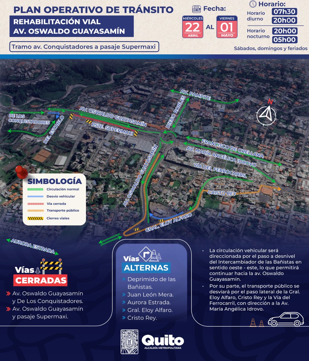 AMT_Quito's tweet image. 🚨 #PlanOperativoQuito | Rehabilitación vial av. Oswaldo Guayasamín

📍 Tramo: av. Conquistadores a pasaje Supermaxi
📅 Del 22 de abril al 01 de mayo 2026

☀️ 07h00 a 20h00
🌜20h00 a 05h00

🧐 Conoce más detalles en el plan operativo de tránsito ⬇️

✅ Con información oportuna