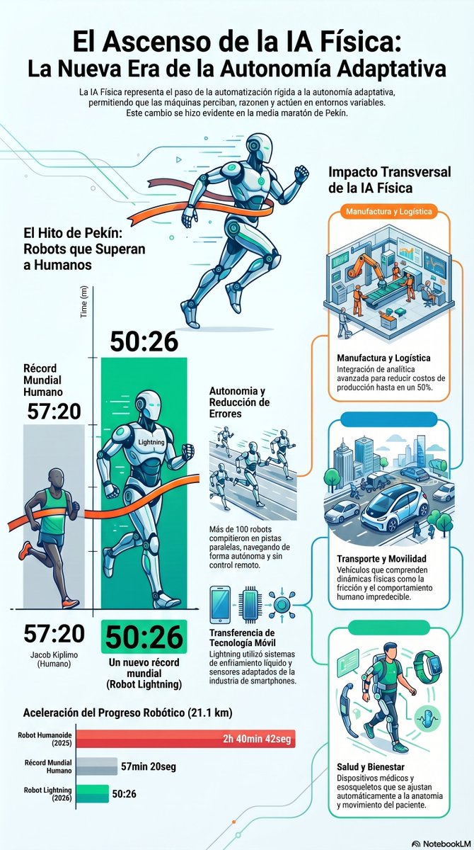 dieaguirre's tweet photo. 🚀 El récord mundial de Jacob Kiplimo (57:20) acaba de ser pulverizado. 🤖🏃‍♂️
No fue en un laboratorio, sino en las calles de la Media Maratón de Pekín. El robot humanoide "Lightning" cruzó la meta en 50 minutos y 26 segundos, superando ampliamente la marca humana vigente.

¿Por qué este hito deportivo es, en realidad, una señal crítica para el mundo de los negocios?

Como reporta The Guardian, este avance no busca solo velocidad, sino probar la fiabilidad estructural y la autonomía necesaria para operar en entornos reales. Estamos ante el paso de la automatización rígida a la Autonomía Adaptativa.

Aquí los "business insights" que sustentan esta revolución:

🏭 Manufactura y Logística (@World Economic Forum): La integración de IA y analítica avanzada está permitiendo a los fabricantes reducir sus costos de producción hasta en un 50%. No es solo eficiencia; es una redefinición de la rentabilidad.

📦 Operaciones Dinámicas (@EY): Según Ernst & Young, la IA Física (Physical AI) es la capa que permite a las máquinas percibir su entorno, razonar y actuar de forma autónoma. Esto permite optimizar el inventario y la asignación de recursos ante cambios impredecibles.

🚗 Transporte y Movilidad: La capacidad de estos sistemas para procesar dinámicas físicas complejas y comportamientos humanos aleatorios es lo que finalmente hará segura la navegación autónoma masiva.

⚕️ Salud y Bienestar: La tecnología detrás de "Lightning" ya se aplica en exoesqueletos que ajustan la marcha y la postura en tiempo real, adaptándose a la anatomía específica del paciente para recuperar la movilidad.

La conclusión es clara: El rendimiento en Pekín es la prueba de que los sistemas inteligentes ya están listos para salir de las fábricas y operar en el "caos" del mundo real.

👇 Mira la infografía adjunta: La aceleración es brutal. Del prototipo humanoide de 2025 al récord de 2026 de "Lightning", el salto en autonomía adaptativa es exponencial.

¿Está tu industria preparada para integrar esta capa de inteligencia o seguiremos confiando en la rigidez del pasado? Los leo. 💬

#IAFísica #PhysicalAI #Robótica #Innovación #Estrategia #TransformaciónDigital #Liderazgo #EY #WEF #TheGuardian