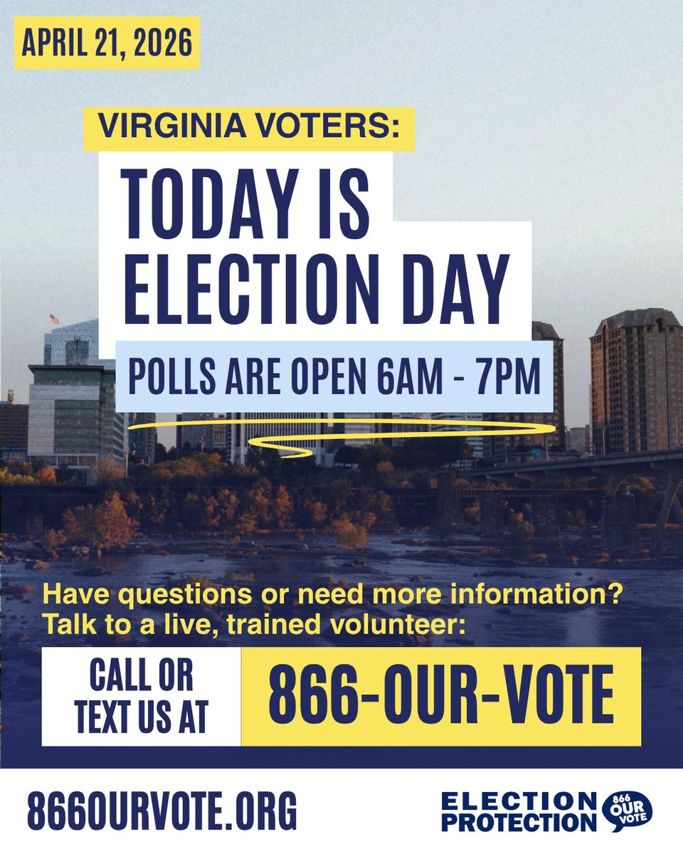 866OURVOTE's tweet photo. 📣 Virginia voters—today, April 21, is Election Day! Make your voice heard in the statewide referendum election!

If you have any questions or experience issues while voting, call or text 866-OUR-VOTE to connect with a trained, live volunteer who can help. https://t.co/wRkpGR8HDX