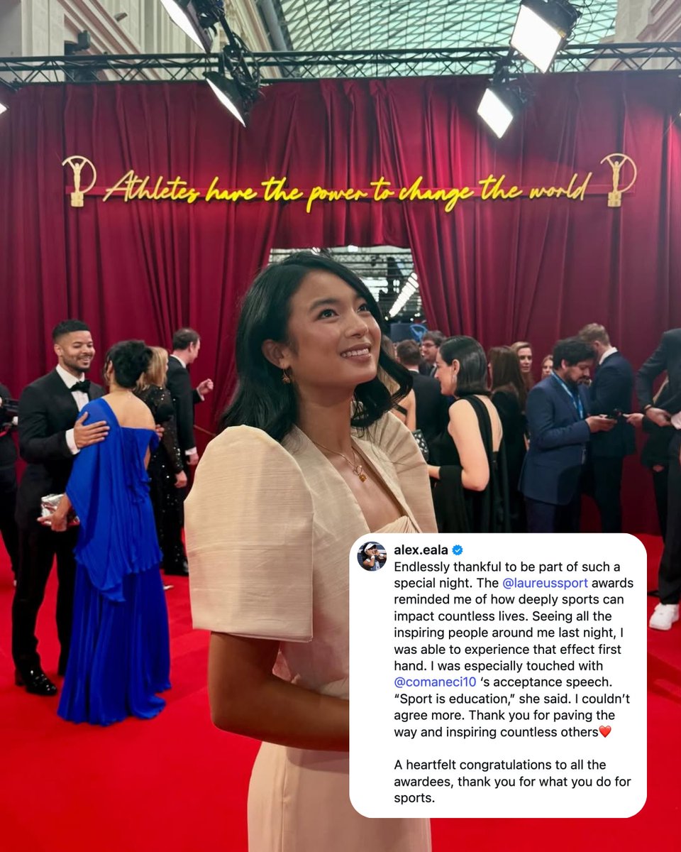 OneSportsPHL's tweet image. ‘SPORTS CAN IMPACT COUNTLESS LIVES’ ❤️‍🔥

Filipina tennis ace Alex Eala takes in a night to remember at the 2026 Laureus World Sports Awards, celebrating the power of sports and drawing inspiration from Olympic legend Nadia Comaneci’s message.

#WTA #AlexEala

📸 @alex.eala