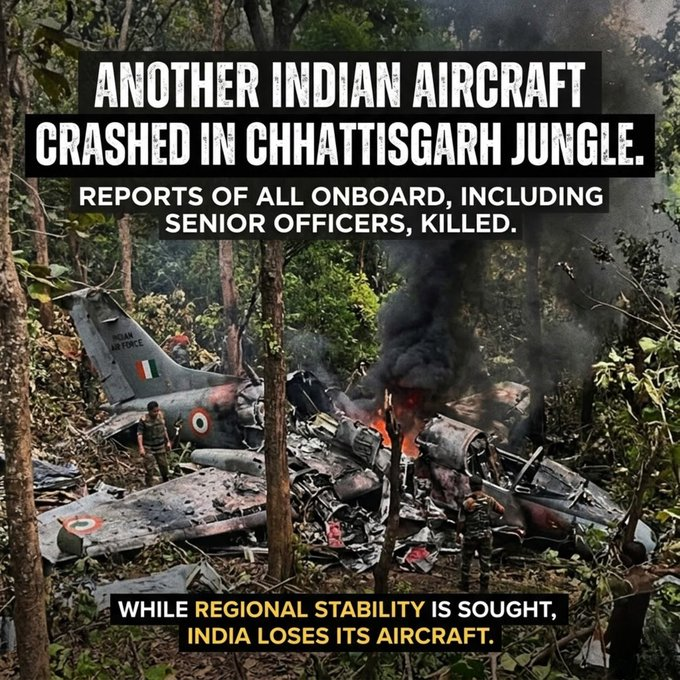 WazirBacha5566's tweet image. ANOTHER INDIAN AIRCRAFT CRASHED Indian Air Force aircraft carrying senior officers has crashed in a jungle in Chhattisgarh, with reports of all onboard may have been killed. While #Pakistan is focused on solving Iran US War, #India is busy crashing their planes jets. #PlaneCrash