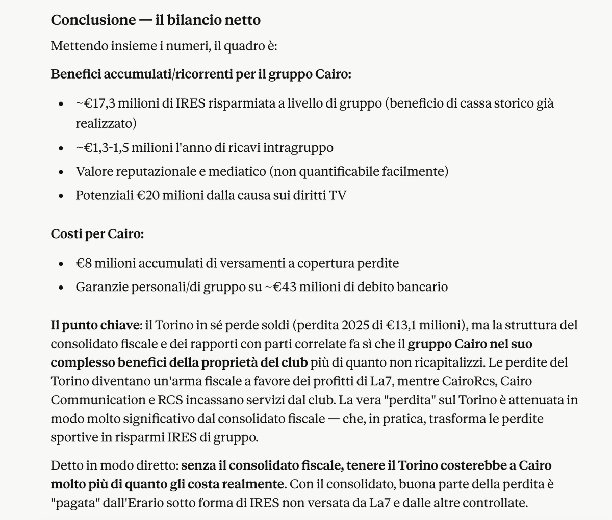 javame's tweet photo. Ho chiesto a Claude di analizzare il bilancio del Torino, in particolare il punto riguardante il consolidato fiscale.
In soldoni, tenere il Torino in debito, conviene al gruppo gestito da #cairovattene
cc/ @OperazDelleAlpi https://t.co/JpyUUvnPrM