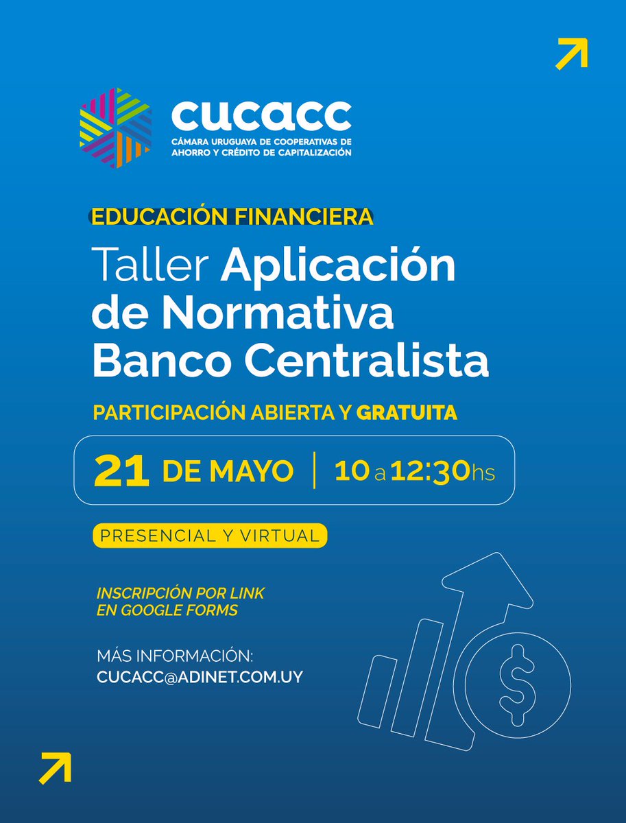 CUCACCuruguay's tweet photo. 📚 Taller Aplicación de Normativa Banco Centralista.

📍 Virtual y presencial
🗓 Jueves 21 de mayo
🕘 10 a 12:30hs

Inscripción:
https://t.co/EqS1f6SPmk

#Cucacc
#ahorroycredito
#cooperativas
#taller https://t.co/lNmYd1tjNE