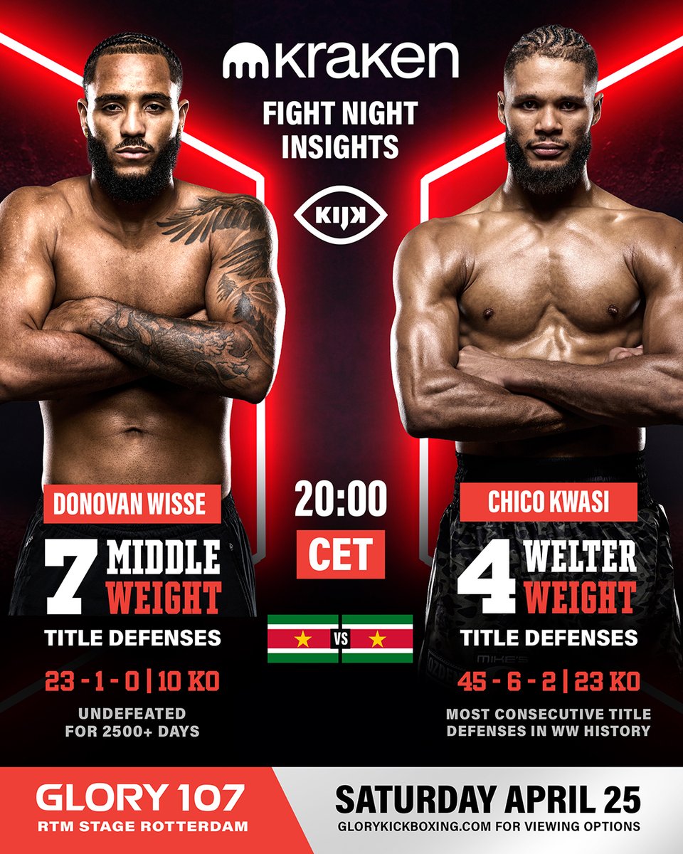 Champion vs Champion at #GLORY107 for the GLORY Middleweight Title! Who will go home with the win between <a href="/DonovanWisse/">D R E A M C H A S E R 🇸🇷</a>  and Chico Kwasi?

Be there THIS SATURDAY at the RTM Stage for this incredible fight and many more...

#GLORY107 | APR 25 | GET YOUR TICKETS NOW | RTM Stage,