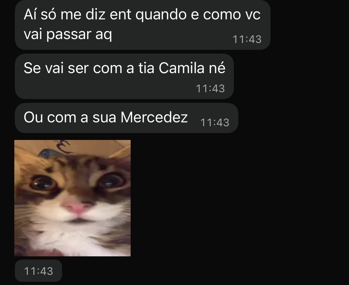 Desde o dia em que eu disse que ia dar carona pra ela e apareci lá com um cartão GV dizendo que nós íamos de ônibus, ela nunca tirou a desconfiança de mim 

Tá tal da Mercedes é o ônibus KKKKKKK