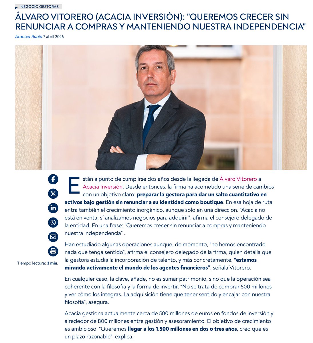 ACACIAINVERSION's tweet photo. 🎯 En Acacia Inversión tenemos claro cuál es nuestro objetivo como compañía: 

Crecer sin renunciar a nuestra esencia como firma independiente. 

No se trata de volumen, sino de coherencia en el modelo y en la forma de hacer las cosas. https://t.co/BMRjWBwnbz