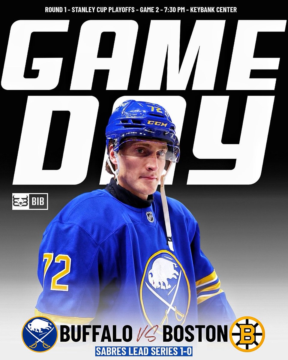 BuiltInBuffalo_'s tweet image. IT’S SABRES PLAYOFF GAMEDAY! 🦬⚔️

Game 2 Eastern Conference Round 1

#Sabres vs #Bruins
7:30 • KeyBank Center

#NHL | #Sabrehood | #LetsGoBuffalo