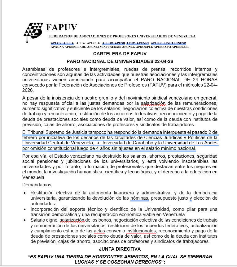 PARO NACIONAL DE UNIVERSIDADES EN VENEZUELA. MIÉRCOLES 22 DE ABRIL
#SalarioDignoYA