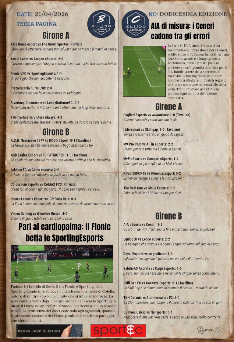 eLUDO_official's tweet image. 🗞️Eludo News 🗞️

➡️12° uscita del nostro giornale per la seconda stagione di eLudo League.

📰 Risultati, curiosità e notizie del mondo eLudo

➡️ Se trovi il tuo Team, condividi e metti like 
 
#eludo #revolution #eludonews #proclub