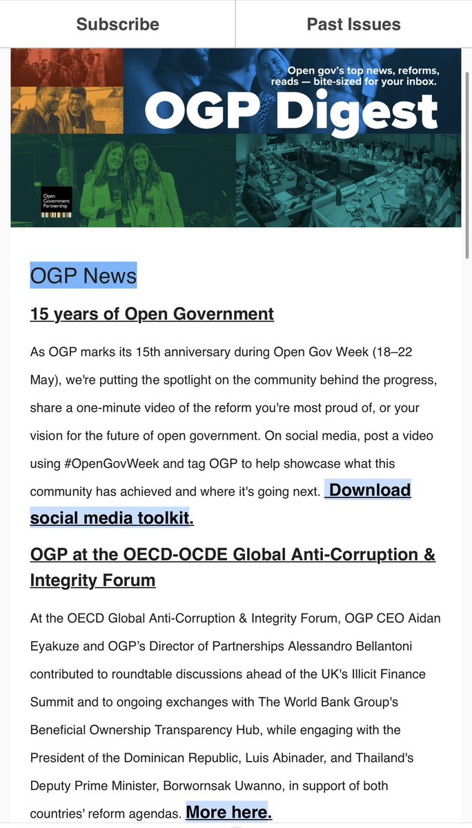 digiphile's tweet photo. The April Edition of @opengovpart’s gazette just came out. OGP claims that it’s #OpenGov’s “top news, reforms, & reads,” but that’s not true. It’s just OGP news. OGP wrote nothing about @SunshineWeek before, during, or after #SunshineWeek, or about the USA since Trump admin left. https://t.co/5o39dZY6M5