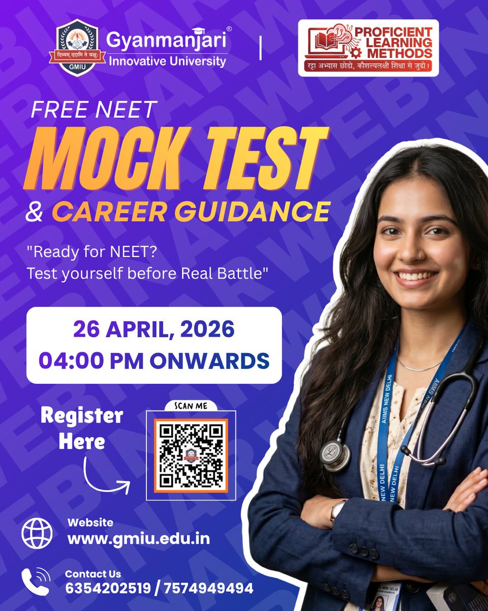 GMGC_Bhavnagar's tweet image. 🩺✨ Ready to crack NEET with confidence?
Take your first step towards success with our FREE NEET Mock Test &amp;amp; Career Guidance!

⏰ 04:00 PM onwards

Don’t wait—register now and level up your NEET journey! 🚀

#NEET2026 #NEETPreparation #MockTest #CareerGuidance #MedicalAspirants