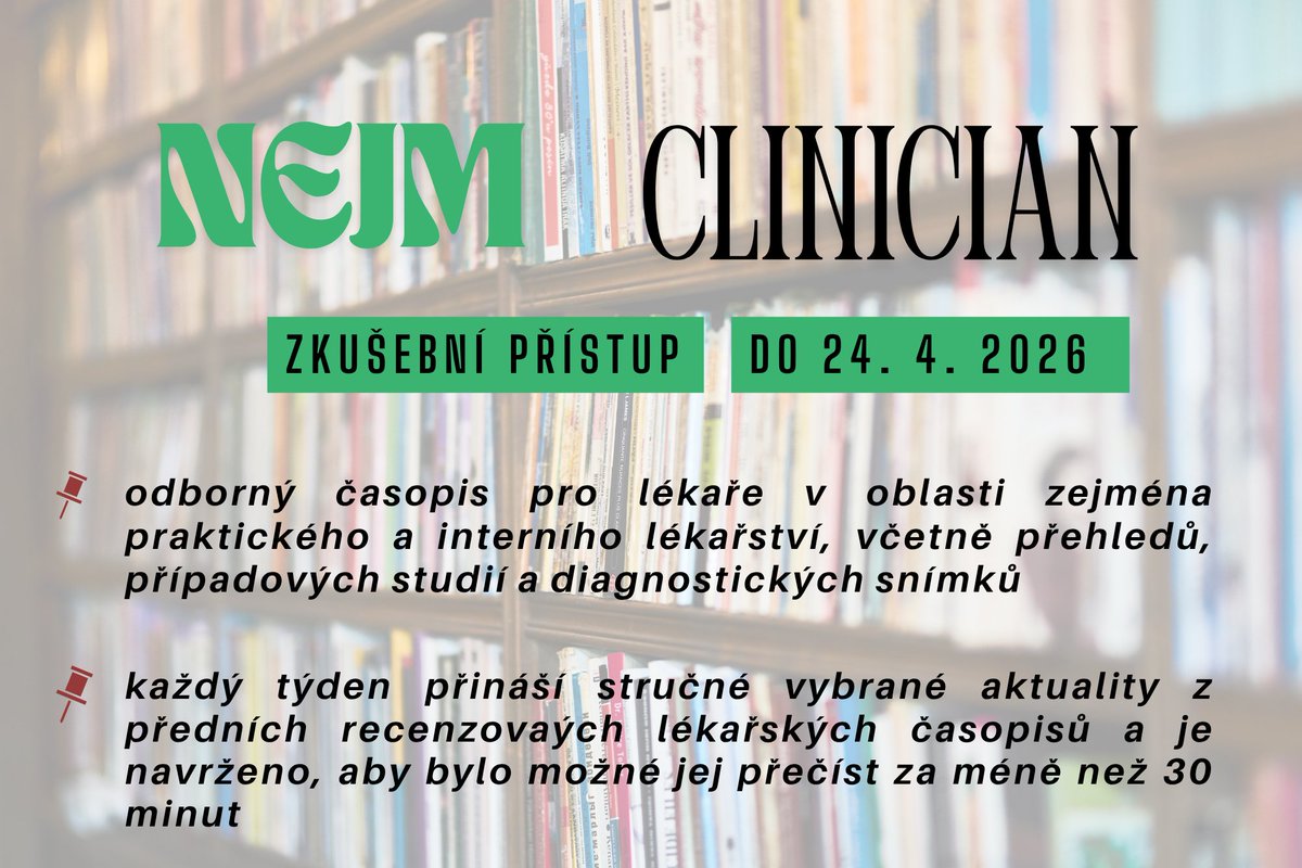 uvi2lf's tweet photo. Zkušební přístup k odbornému časopisu : NEJM Clinician do 24. 4. 2026

NEJM Clinician je odborný časopis pro lékaře v oblasti zejména praktického a interního lékařství.

Přístup na platformě OVID přes CAS: https://t.co/iPN7ydhJd0 https://t.co/OVeRFVJ9dK
