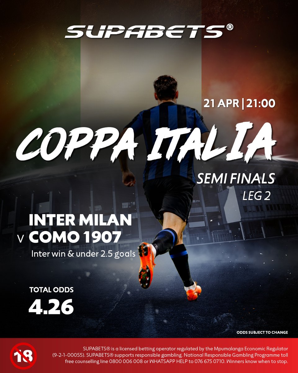 Supabets_mzansi's tweet photo. 🏆COPPA ITALIA 🇮🇹
We backing INTER to get the job done in this 1st Leg🤨
Give us some score predictions👍
🤜 1️⃣0️⃣6️⃣8️⃣9️⃣8️⃣2️⃣✅
🤜 https://t.co/H3eX7hUOK6 ✅
#CoppaItalia #INTCOM #Supabets
18+| Bet Responsibly https://t.co/AZgb7dNm4A
