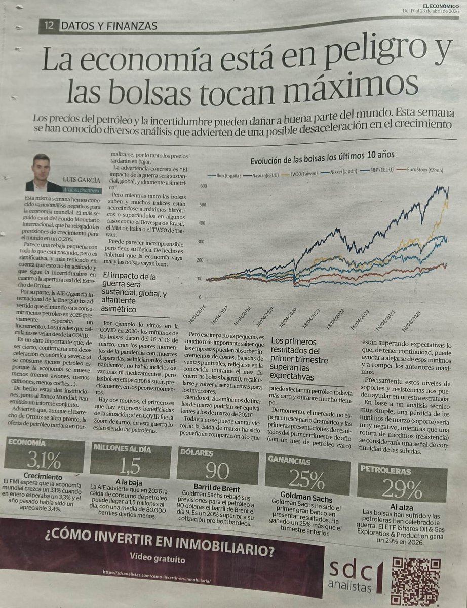 luisgarcialanga's tweet image. #Bolsas en máximos mientras la economía mundial pende de un hilo.
Lo analizamos en @ElEconomicoUH de esta semana: