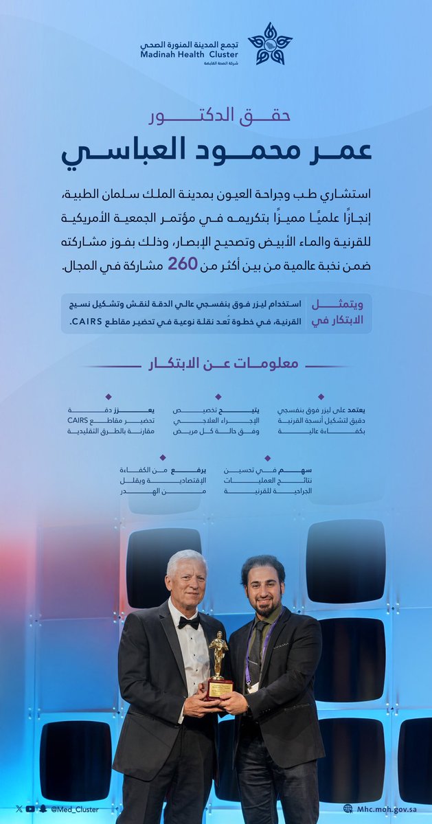 med_cluster's tweet photo. في #اليوم_العالمي_للإبداع_والابتكار
نفخر بإنجاز د. عمر العباسي وابتكاره المتقدم في جراحات القرنية، خطوة تعكس تميز الكفاءات الوطنية 🇸🇦✨

#تجمع_المدينة_الصحي
#المدينة_المنورة https://t.co/vZF88kfecL
