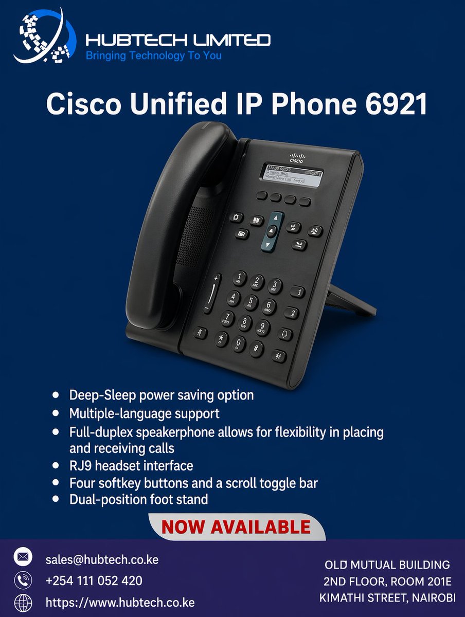 HubtechS's tweet photo. Designed for performance and simplicity.
The Cisco Unified IP Phone 6921 features a clear graphical display, intuitive controls, and dependable communication for professional environments.
Check it out on https://t.co/cww1CIrehz or reach out to us directly on 0703245951. https://t.co/211UPzNC3M