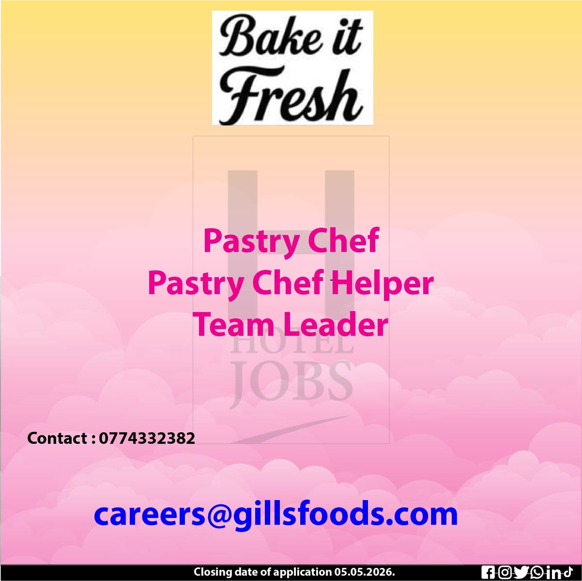 hotel_jobs_lk's tweet image. Bake It Fresh Vacancy Announcement.
Refer the advertisement for details.
Closing date of applications 05.05.2026.
Location - Dehiwala
Contact : 0774332382
#vacancies #hoteljobs #HotelVacancies #resorts #cafe #tourism
