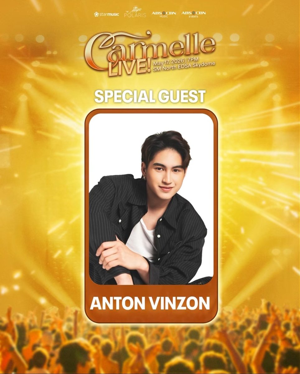 #CarTon fans mag-ingay!!🤎📦

Anton Vinzon CONFIRMED na bilang guest ng ating New Gen Pop Diva sa CARMELLE LIVE!

🗓️ May 17, 2026 | 7PM
📍 SM North EDSA Skydome

🎟️ GET YOUR TICKETS HERE: smtickets.com/events/view/17…

#CARMELLE #ABSCBNEvents #StarMusicPH