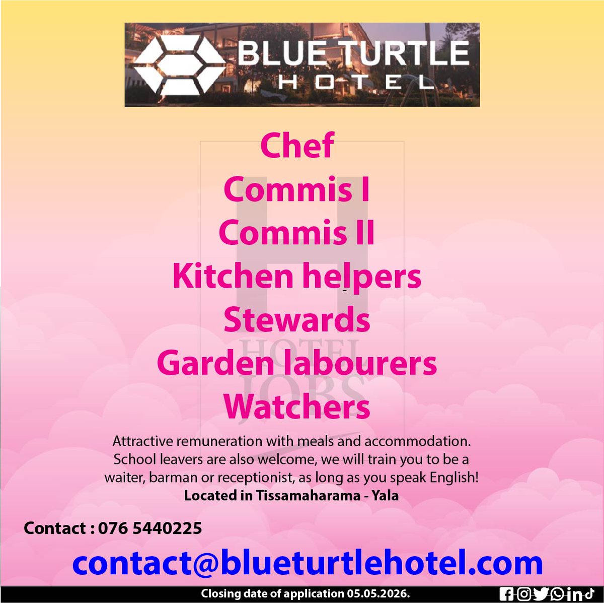 hotel_jobs_lk's tweet image. Blue Turtle Hotel Vacancy Announcement.
Refer the advertisement for details.
Closing date of applications 05.05.2026.
Location - Yala
Contact : 0765440225
#vacancies #hoteljobs #HotelVacancies #resorts #cafe #tourism