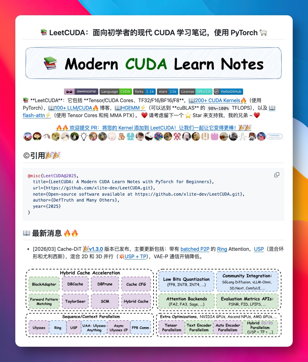 GitHub_Daily's tweet photo. GitHub 上一份从入门到进阶的 CUDA 开源教程：LeetCUDA，配合 PyTorch 学习，非常适合初学者。

共收录了 200 多个循序渐进的 CUDA 内核实现，涵盖从基础的元素级操作到复杂的 HGEMM 库。

GitHub：https://t.co/JBVoLuDxJx 

提供完整的底层代码，还配套整理了 100 多篇高质量的高性能计算技术博客，帮我们打通理论与实践的闭环。

如果你想系统学习 CUDA 高性能计算，或者正在准备大模型推理相关的面试，这份资料值得收藏。