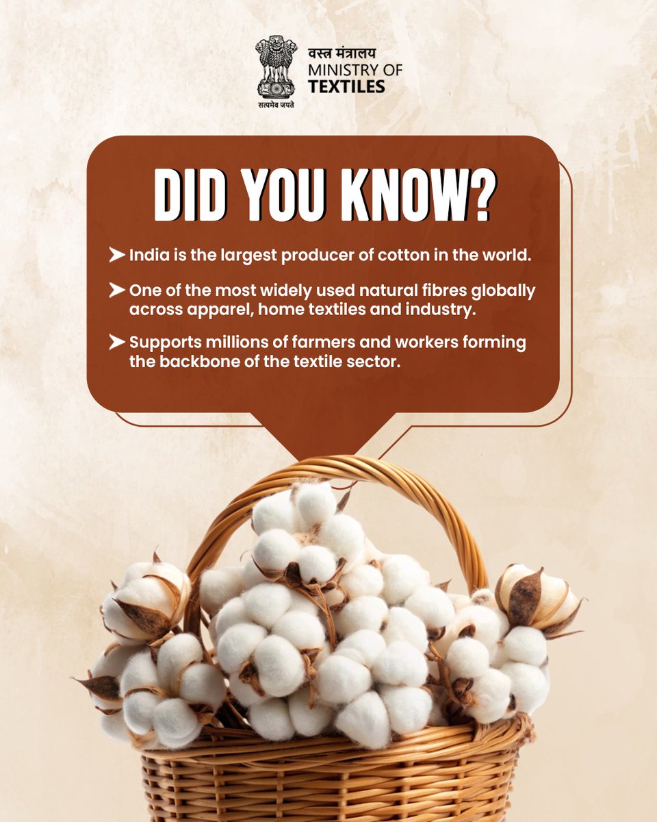 TexMinIndia's tweet image. Did you get it right? 👇
India is the largest producer of cotton in the world.
A widely used natural fibre across apparel, home textiles, and industry.

#DidYouKnow
